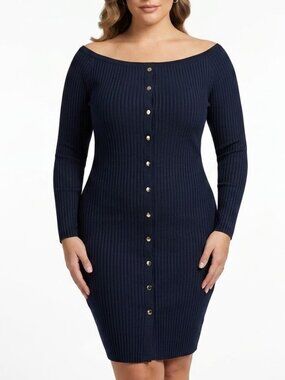 LU🩷NYC Cyber Goth Ribbed Button Front Off Shoulder Midi Bodycon Dress 1X